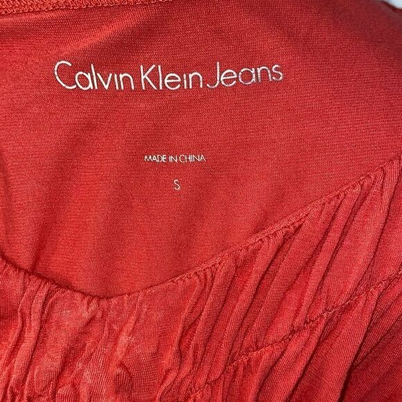 Calvin Klein Jeans Women's Orange Ruched Dress V-Neck Sleeveless Size Small - Picture 10 of 13